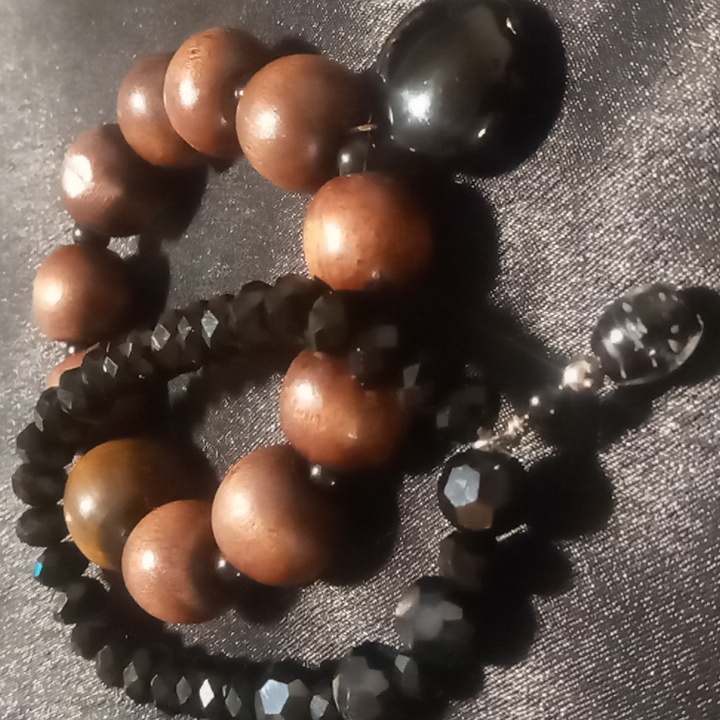 Glass & Wooden Beaded Bracelets 2 Chunky Walnut And Black Glass Beaded